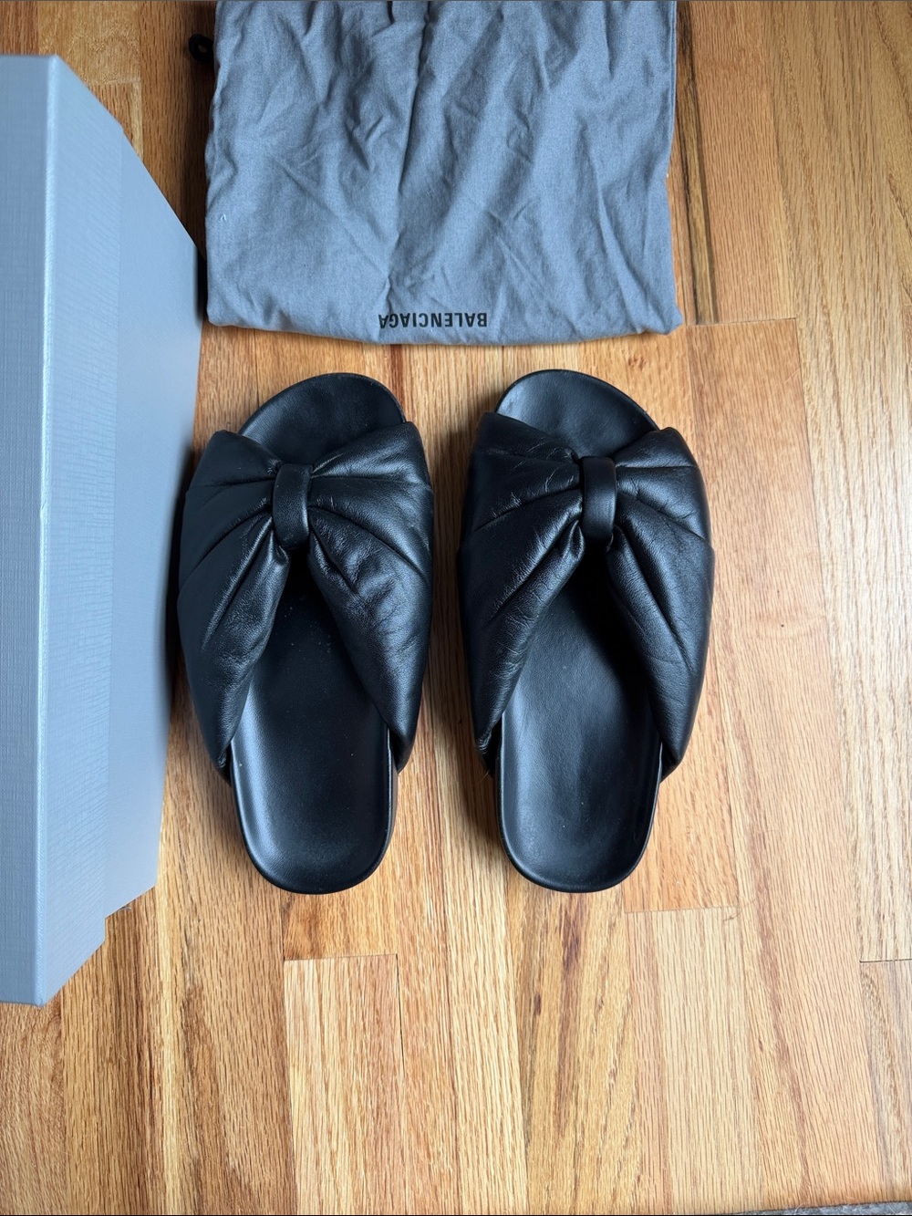 Balenciaga Black Leather Knot Puffy Slide Sandals